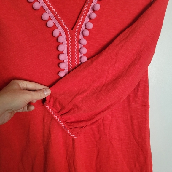 Boden Carina Womens 6 Mini Shirt Dress Red Pink Pom Pom Boho Festival Cotton - Picture 6 of 11